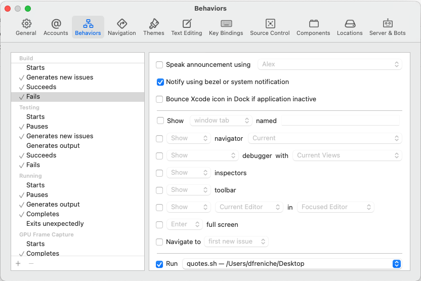 Xcode behaviors screen open